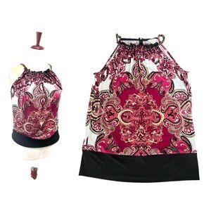 CACHÉ Vintage Y2K Halter Top Chain Neck Paisley Print Pink Black Boho Medium